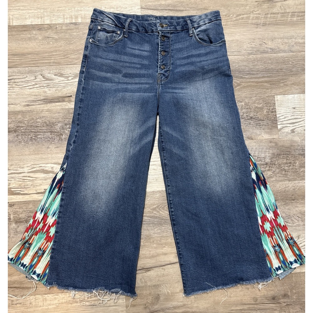 Time and Tru Jeans Women 14 Blue Cotton Denim Wide-Leg Cropped High-Rise Stretch